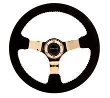 Load image into Gallery viewer, NRG Reinforced Steering Wheel (350mm / 3in. Deep) Blk Suede w/Red BBall Stitch &amp; Chrome Gold 3-Spoke