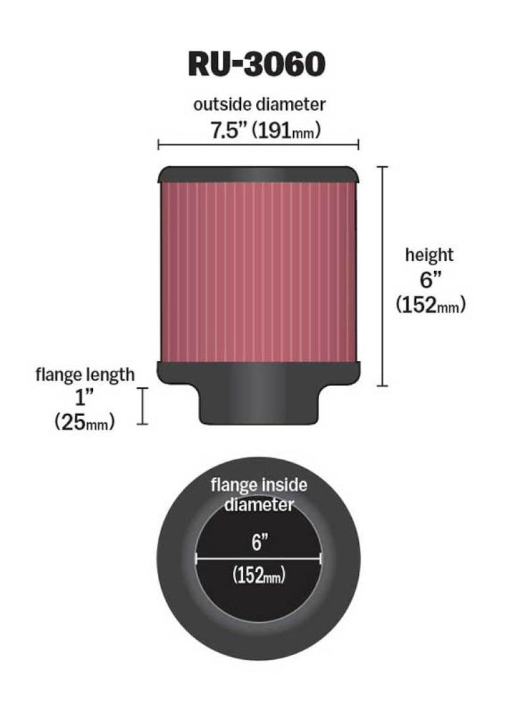 K&N Universal Rubber Filter 6in Flange ID / 7.5in OD / 6in Height / Round Straight