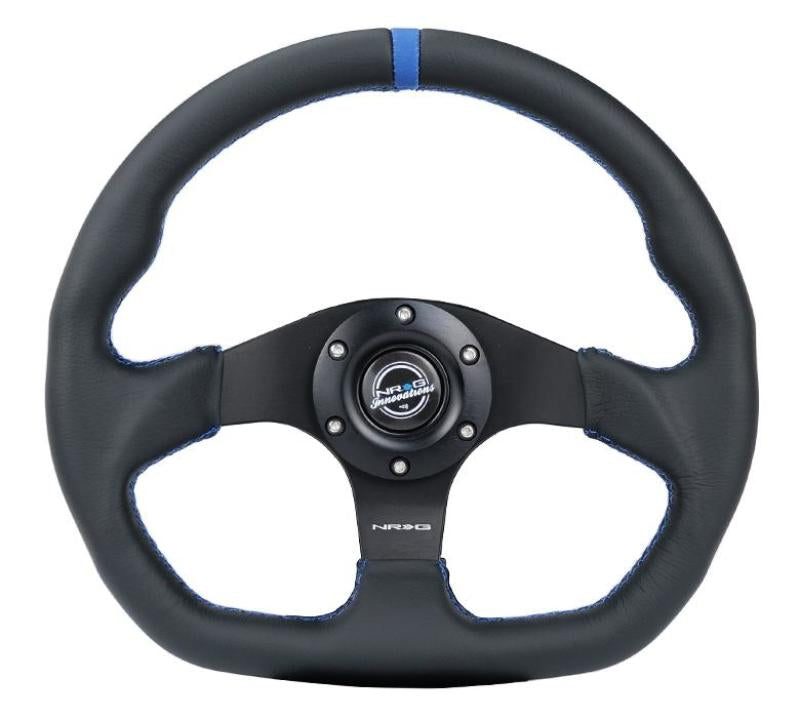 NRG Reinforced Steering Wheel (320mm) Sport Leather Flat Bottom w/ Blue Center/ Blue Stitching