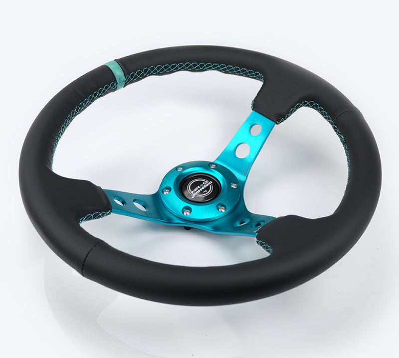 NRG Reinforce Steering Wheel (350mm / 3in. Deep) Blk Leather, Teal Center Mark w/ Teal Stitching